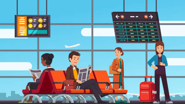 ilustrações de stock, clip art, desenhos animados e ícones de smiling people sitting and standing in terminal hall with chairs, information panels & big airport window. arrival waiting room or departure lounge. flat isolated vector - smiling aeroplane