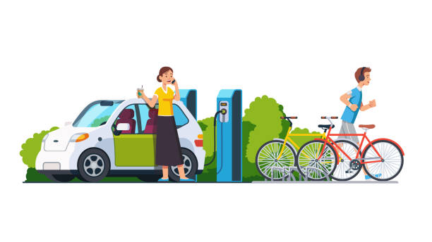 illustrations, cliparts, dessins animés et icônes de concept de soins environnement technologie moderne. homme sportif jogging. voiture électrique charge de femme à recharge centrale chargeur de sourire. vélos, debout sur un parking vélo. vector isolé plat - bicycle rack