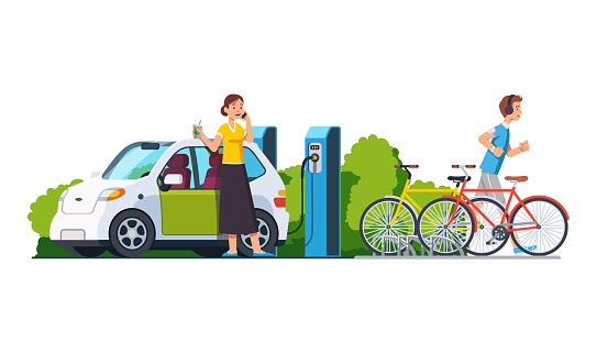 Smiling woman charging electric car at recharging power station charger. Sporty man jogging. Bikes standing on bicycle parking. Modern technology environment care concept. Flat vector illustration