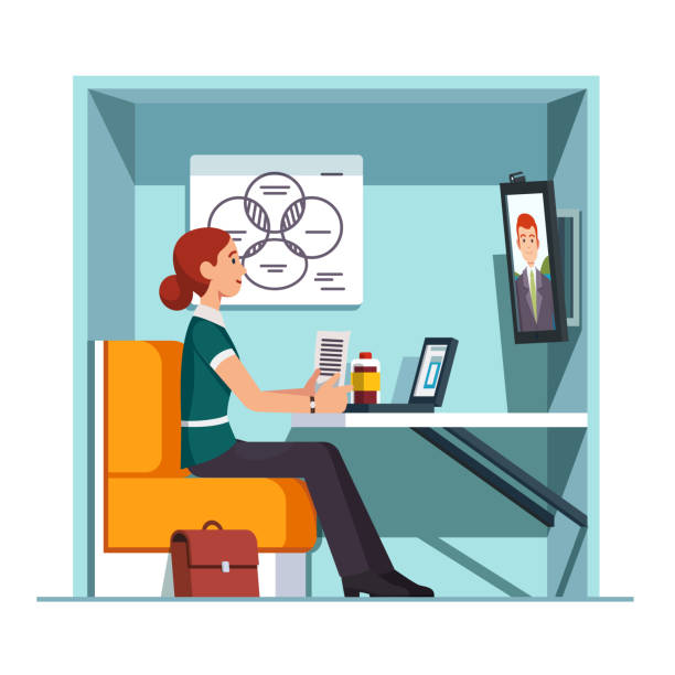 Private video conference booth with chair, desk, whiteboard and big screen monitor. Smiling woman worker having corporate business online teleconference. Flat isolated vector Smiling woman worker having video call in private video conference booth with chair, desk, whiteboard and big screen monitor. Corporate business online teleconference. Flat style vector illustration corporate office cubicle stock illustrations