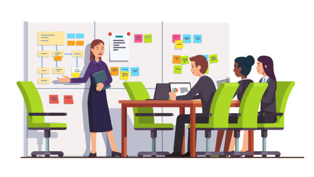 Business seminar students people listen to consultant showing on scrum task board. Conference meeting room interior. Flat isolated vector Business consultant showing planning board tasks to business seminar students people, pointing at scrum task board plan, sticky notes flowchart. Conference meeting room interior. Vector illustration learning and development stock illustrations