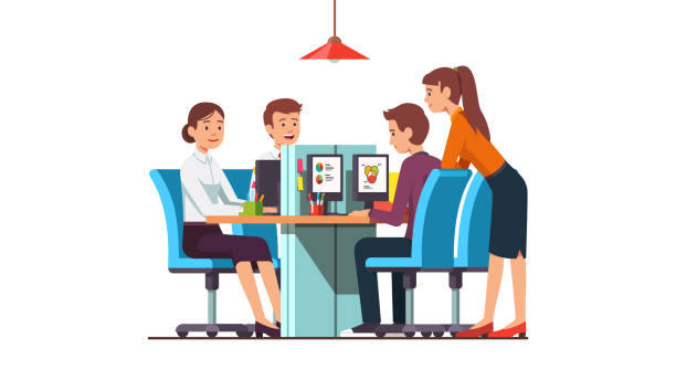 Business workers team group working together on desktop computers in modern open space office with combined desks. Flat isolated vector Smiling employees team group working together on desktop computers in modern open space office with combined desks. Business company office room interior design. Flat vector isolated illustration corporate office cubicle stock illustrations