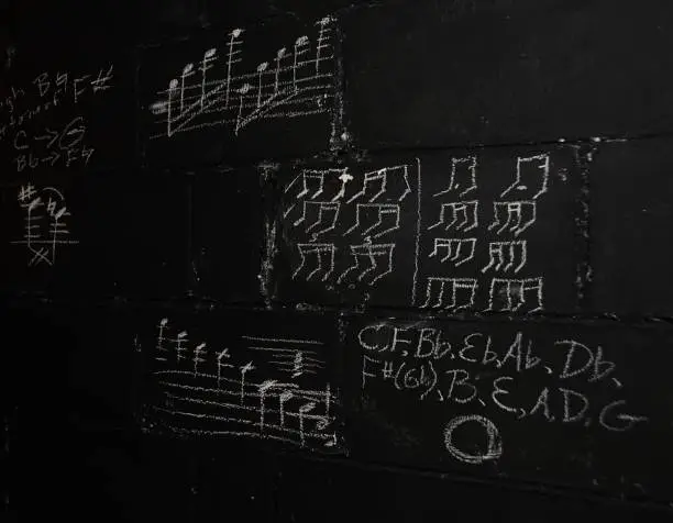 Music notes written in chalk on a black wall