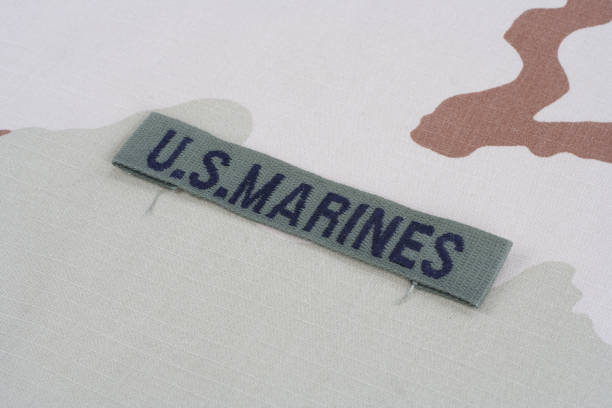 istock US MARINES branch tape with dog tags on desert camouflage uniform 1021833484