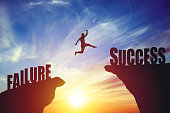Silhouette of business man jump to success text