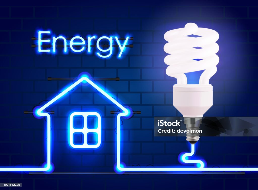 Eco Energie ampoule, rougeoyant fluocompacte. Energie concept de design numérique de néon lumineux bleu et la maison. Bannière d’énergie écologique. - clipart vectoriel de Efficacité énergétique libre de droits