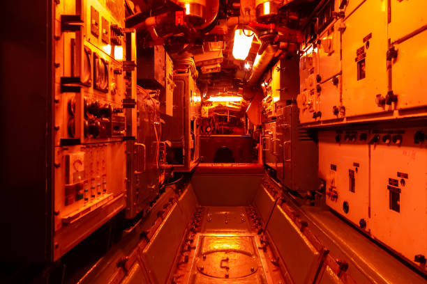 istock Interior of combat submarine compartment with devices of control 1021844396