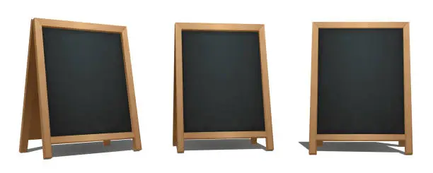 Vector illustration of Brown A-Frame Chalkboard from different angles. Bar signage for drinks, cocktails, dish of the day. Realistic street menu sign.