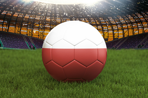 Poland football team ball on big stadium background. Poland Team competition concept. Poland flag on ball team tournament in Poland. 3d rendering. Sport competition on green grass background
