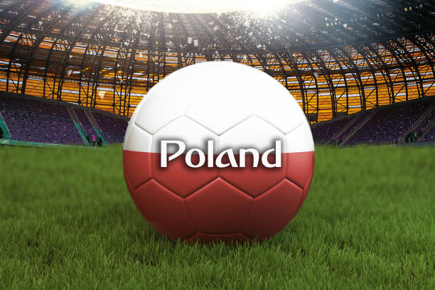 波蘭足球隊在大球場的背景球。波蘭隊比賽的概念。波蘭國旗在球隊比賽在波蘭。3d 渲染。綠草背景下的體育比賽 - madrider fußball heute 個照片及圖片檔