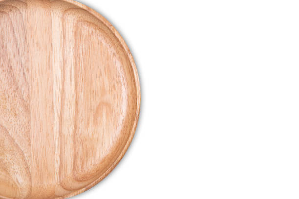 istock Top view of empty wooden plate isolated on white background. 1021851136