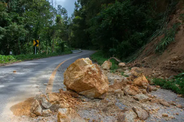 Thailand, Chiangrai - Chiangmai road. Rockfall after the flood