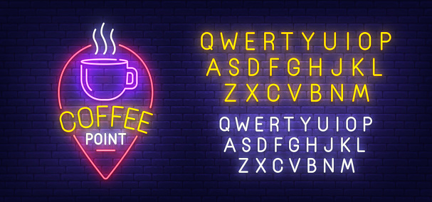 Coffee Point neon sign, bright signboard, light banner. Cafe and Cafeteria logo. Neon sign creator. Neon text edit.
