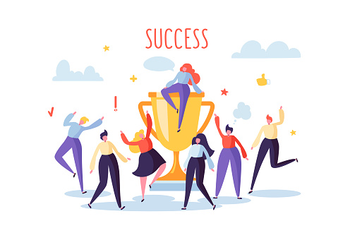 Business Team Success, Achievement Concept. Flat People Characters with Prize, Golden Cup. Office Workers Celebrating with Big Trophy. Vector illustration