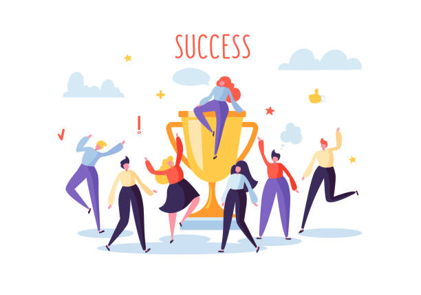 Business Team Success, Achievement Concept. Flat People Characters with Prize, Golden Cup. Office Workers Celebrating with Big Trophy. Vector illustration Business Team Success, Achievement Concept. Flat People Characters with Prize, Golden Cup. Office Workers Celebrating with Big Trophy. Vector illustration first place illustrations stock illustrations