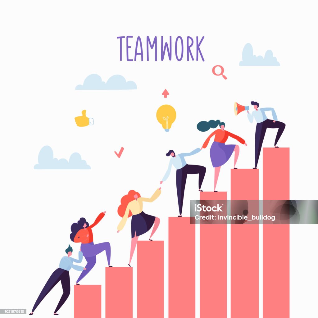 Flat Business People Climbing Up The Stairs. Career Ladder with Characters. Team Work, Partnership, Leadership Concept. Vector illustration Teamwork stock vector