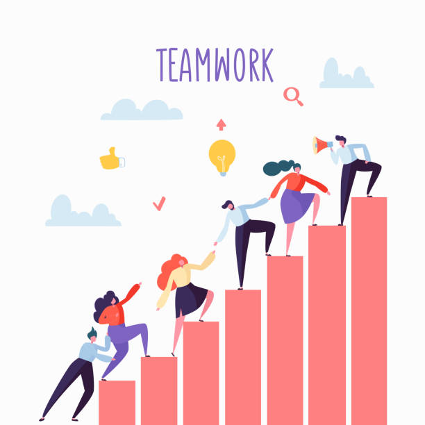 Flat Business People Climbing Up The Stairs. Career Ladder with Characters. Team Work, Partnership, Leadership Concept. Vector illustration Flat Business People Climbing Up The Stairs. Career Ladder with Characters. Team Work, Partnership, Leadership Concept. Vector illustration steps stock illustrations