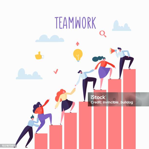 Flat Business People Climbing Up The Stairs Career Ladder With Characters Team Work Partnership Leadership Concept Vector Illustration Stock Illustration - Download Image Now