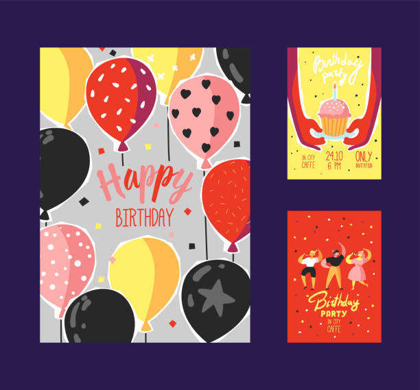 ilustraciones, imágenes clip art, dibujos animados e iconos de stock de tarjeta de felicitación del feliz cumpleaños, banner, cartel, invitación con gente celebra, confeti, globos y pastel. ilustración de vector - cake old fashioned gift women
