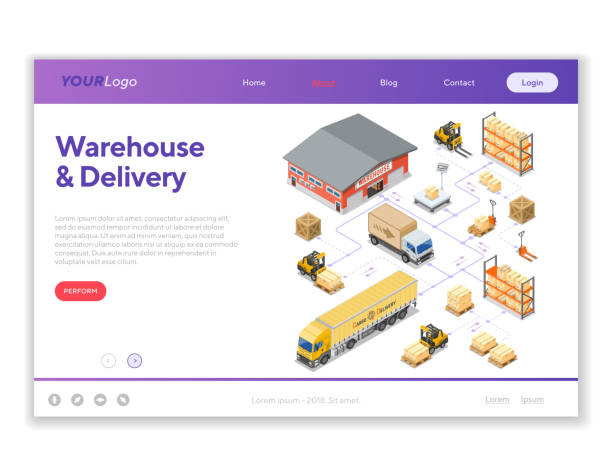 Warehouse Storage and Delivery Isometric Infographics Warehouse, storage, logistics and delivery isometric infographics with storehouse, scales, truck, forklift. Landing page template. Isolated vector illustration truck weigh station stock illustrations