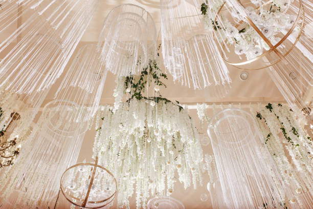 amazing luxury decorated place ceiling for wedding reception, catering in restaurant