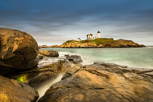 Lighthouse, Atlantic Ocean, Autumn, Sea, Sunrise - DawnLighthouse, Maine, New England - USA, Nubble Lighthouse, 2015, Atlantic Ocean, Autumn, Building Exterior, Coastline, Gulf Of Maine, Horizontal, Island, Nature, No People, Orange Color, Outdoors, Photography, Scenics - Nature, Sea, Sunrise - Dawn, York - Maine,