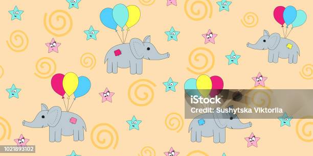 Vetores de Padrão Sem Emenda Com Elefantes Dos Desenhos Animados Voando Em Balões Ilustração Em Vetor De Um Elefante Dos Desenhos Animados Imprima A Criança e mais imagens de Alegria