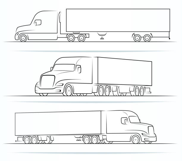 sylwetki amerykańskiego pociągu drogowego, kontury, kontury. widok z boku i perspektywy na półciężarówkę z przyczepą. ilustracja wektorowa izolowana na białym tle - truck trucking business wheel stock illustrations