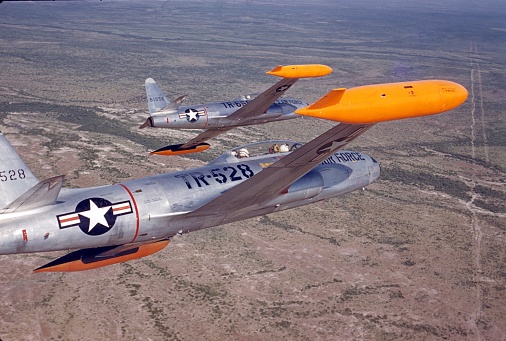 San Antonio, Texas, USA, 1960. Pilots on training flight with the Lockheed T-33 Shooting Star over Texas. The formation was based at Lackland Air Force Base.