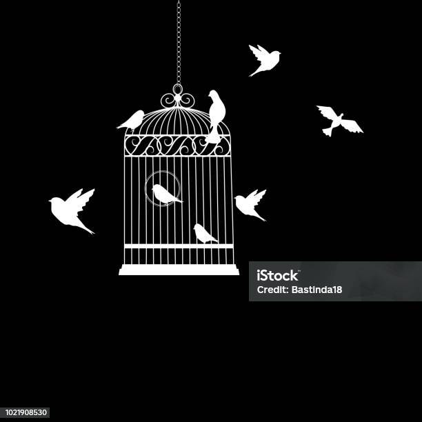 Bird Cage With Birds Flying Vector Illustration Stock Illustration - Download Image Now - Birdcage, Freedom, Christmas