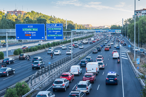 Complicated traffic in the mornings on the M-30 (M30), Madrid, Spain. This is a ring road, which surrounds the city of Madrid.