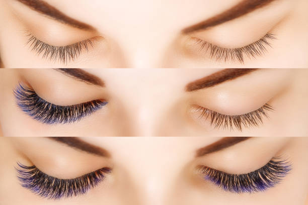 istock Eyelash Extension. Comparison of female eyes before and after. Blue ombre lashes 1021908714