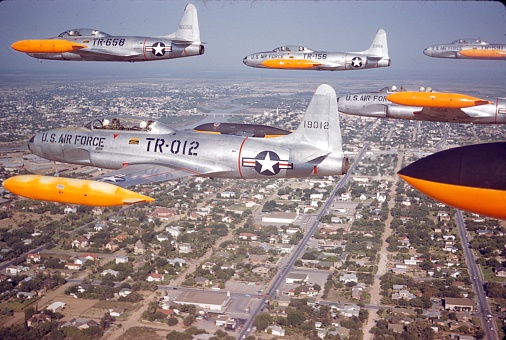 San Antonio, Texas, USA, 1960. Pilots on training flight with the Lockheed T-33 Shooting Star over Texas. The formation was based at Lackland Air Force Base.