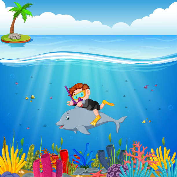 illustrazioni stock, clip art, cartoni animati e icone di tendenza di ragazzo dei cartoni animati che si tuffa in mare con il delfino - 5547