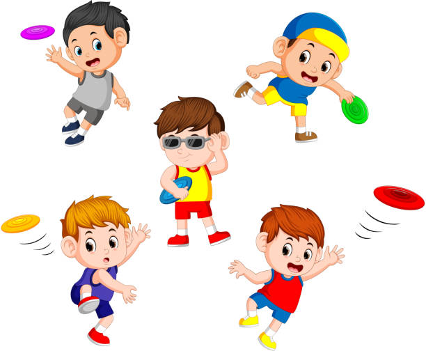 ilustrações de stock, clip art, desenhos animados e ícones de set collection of cute little children playing with frisbee - 5551