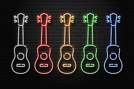 Vector set of realistic isolated neon sign of ukulele logo with different color for decoration and covering on the wall background. Concept of live music.