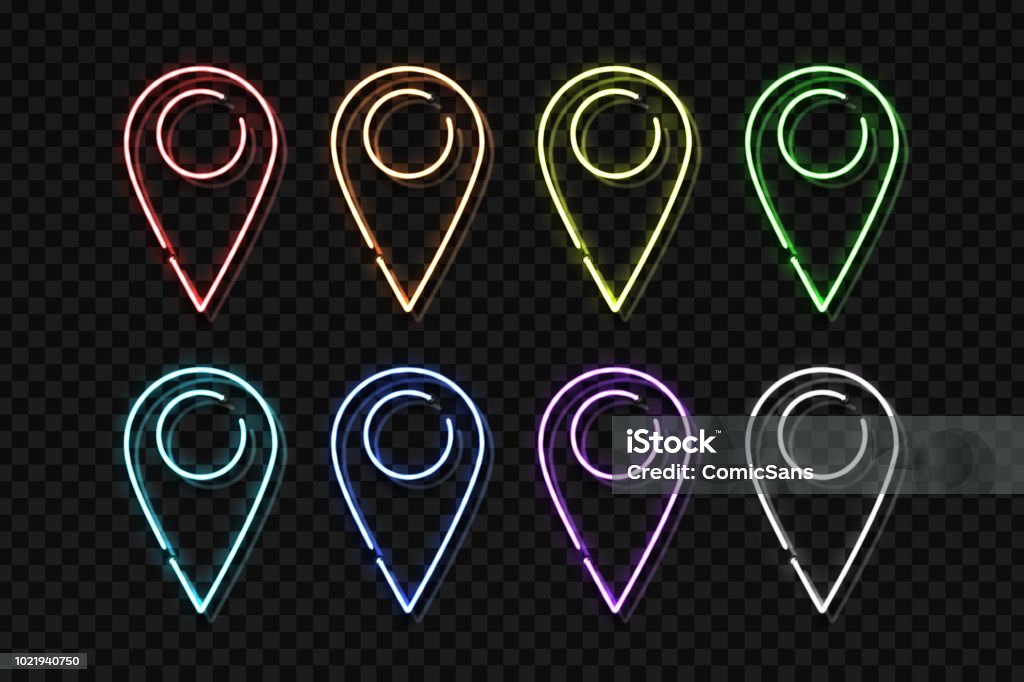 Vector set of realistic isolated neon sign of map pin for decoration and covering on the transparent background. Concept of delivery, logistics and transportation. Neon Lighting stock vector