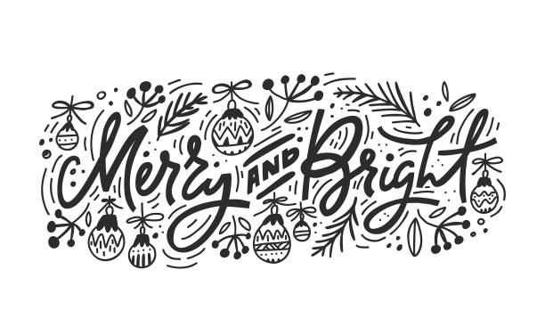 Merry And Bright Christmas Lettering Christmas and New Year calligraphy phrase Merry And Bright. Modern lettering for cards, posters, t-shirts, etc. with handdrawn elements. holiday card stock illustrations