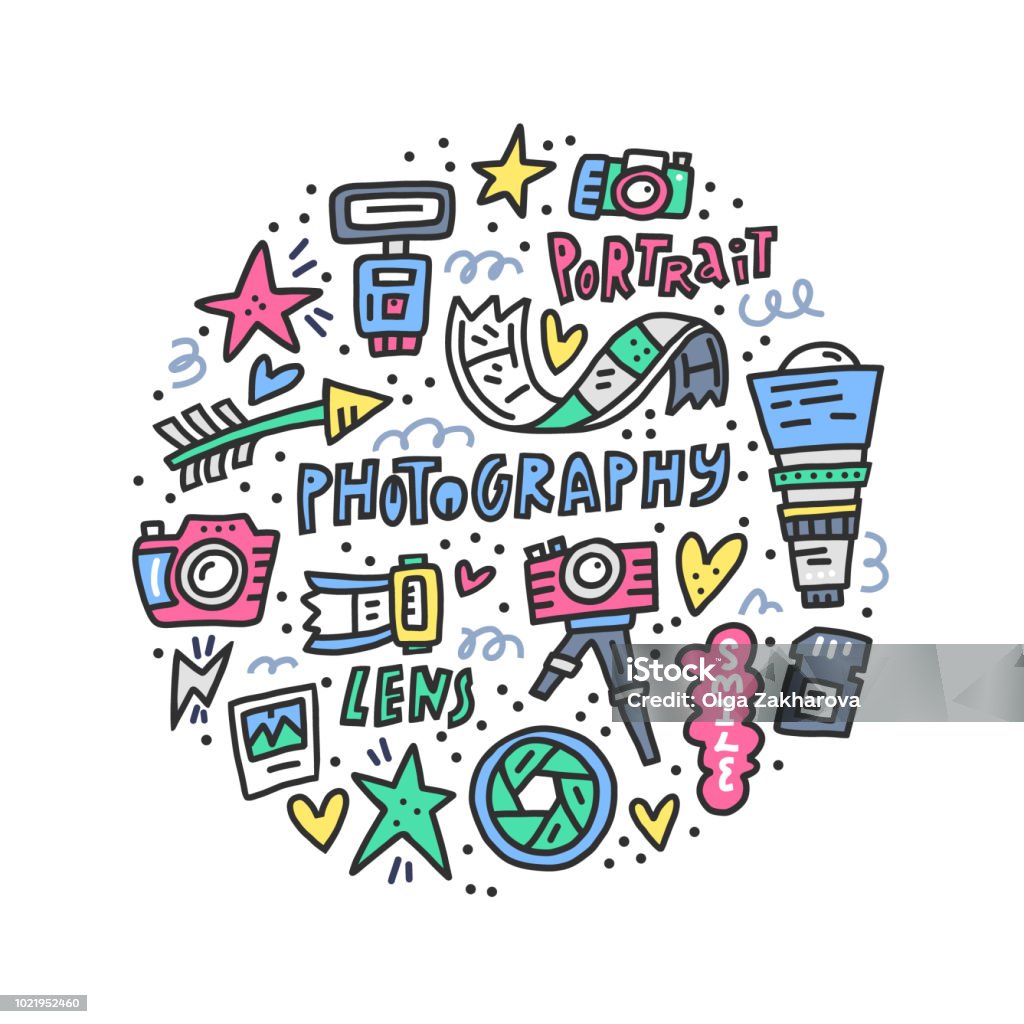 Photo symbols vector Vector doodle illustration with different symbols of photography for photo studio. Camera - Photographic Equipment stock vector