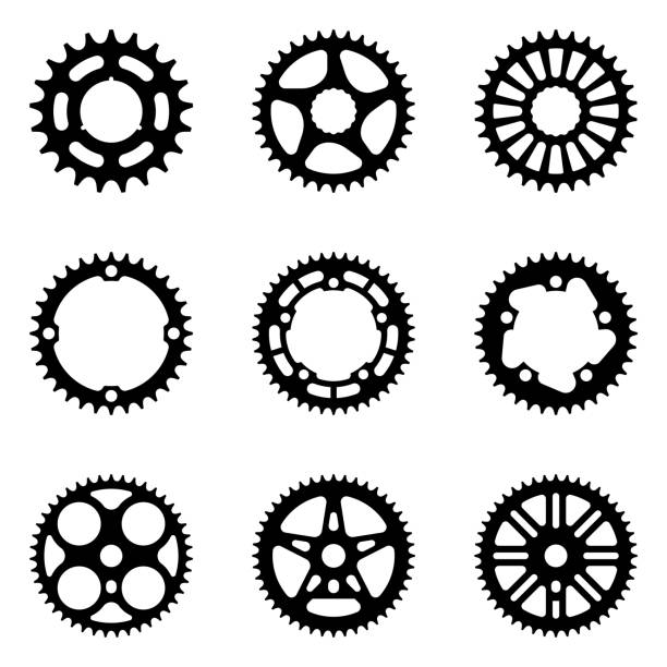 스 프로 킷 바퀴 아이콘 세트입니다. 자전거 부품입니다. 실루엣 벡터 - bicycle chain stock illustrations