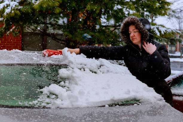 istock Young woman is sweeping off snow from her car 1021955244
