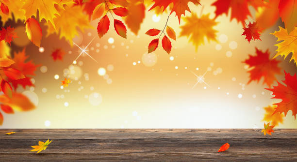 istock Autumn background with red falling leaves on wooden plank 3d render 1021958062