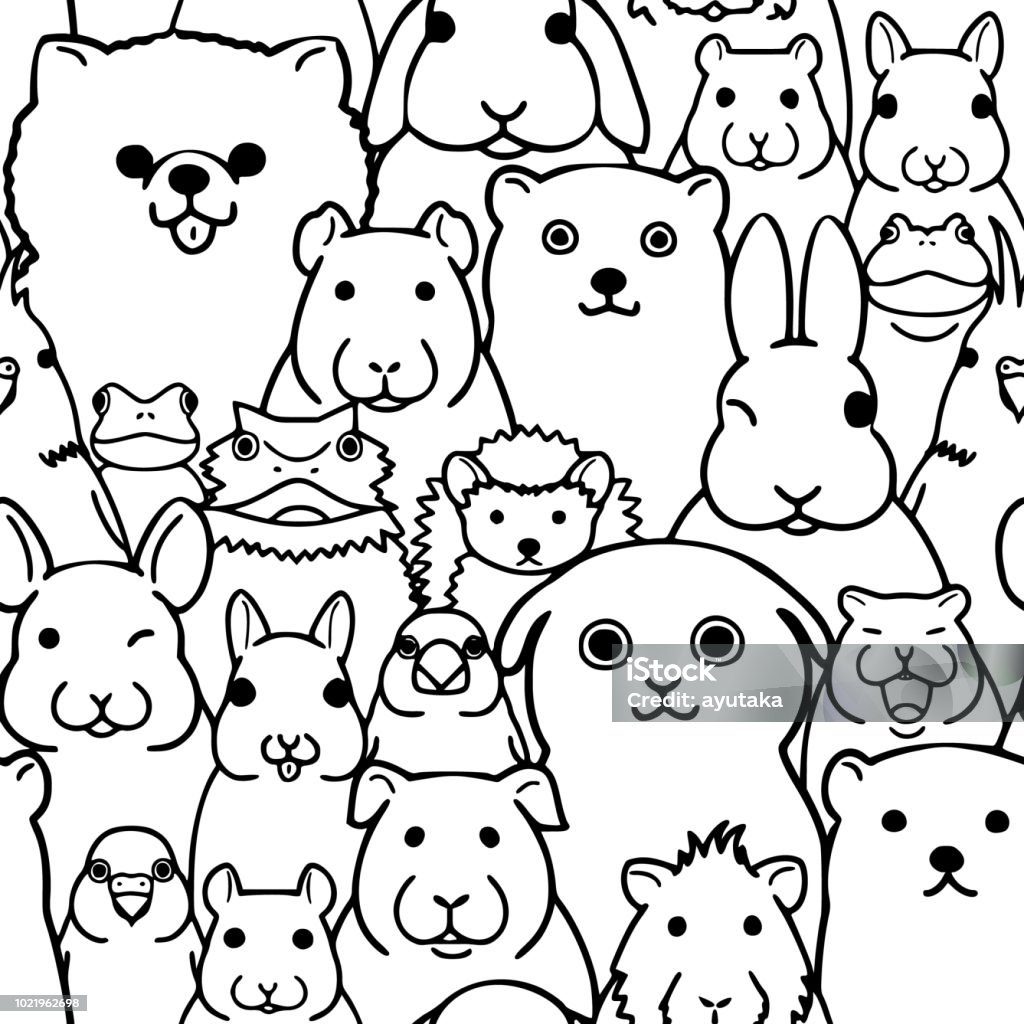 Seamless Doodle Pet Animals Faces Line Art Background Stock Illustration -  Download Image Now - iStock
