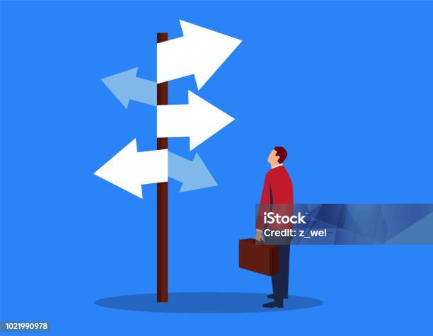 Businessman Looking At Complicated Street Sign Stock Illustration - Download Image Now - Choice, Decisions, Crossroads Sign
