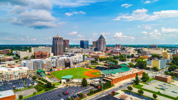Aerial of Downtown Greensboro North Carolina NC Skyline Drone Aerial of Downtown Greensboro North Carolina NC Skyline baseball sport photos stock pictures, royalty-free photos & images