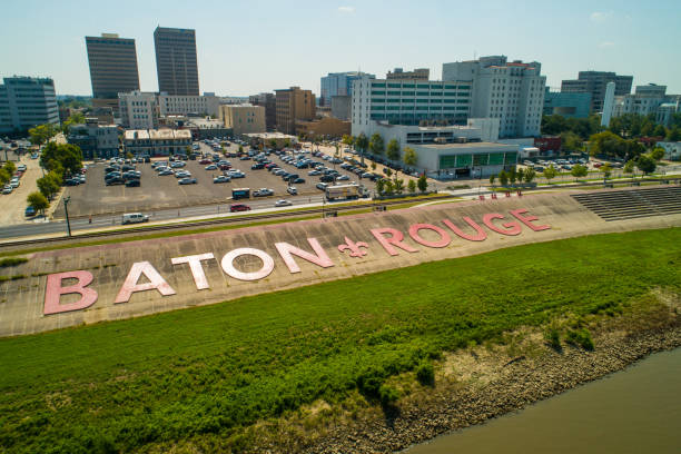 Aerial image of Baton Rouge Louisiana Aerial image of Downtown Baton Rouge by the Mississippi River baton rouge stock pictures, royalty-free photos & images