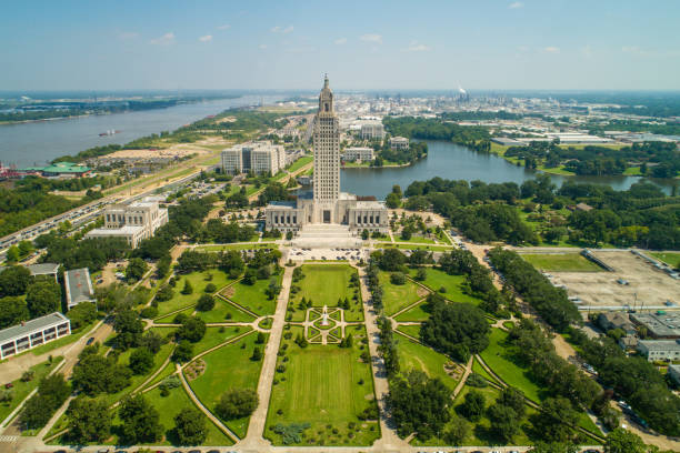 Aerial drone photo State Capitol Park Baton Rouge Louisiana stock photo