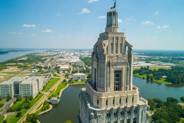 Louisiana State Capitol Building and welcome center in Baton Rouge Aerial closeup of the Louisiana State Capitol Building and welcome center in Baton Rouge baton rouge stock pictures, royalty-free photos & images