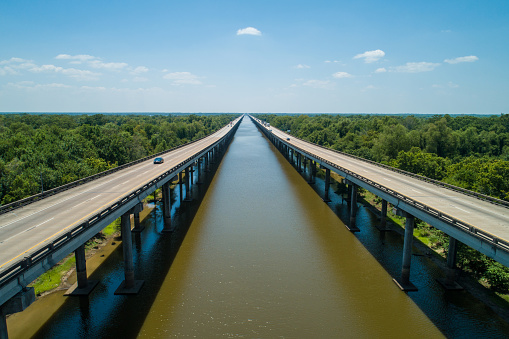 Aerial drone photo of the I10 over the Atchafalaya Basin Bridge Breaux Louisiana USA