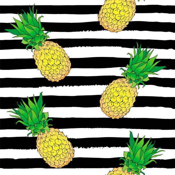 ilustraciones, imágenes clip art, dibujos animados e iconos de stock de patrón sin fisuras de piña fruta exótica en tiras negras - agriculture backgrounds cabbage close up